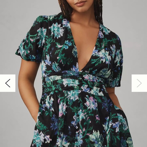 Anthropologie THE KATERINA BUTTON-FRONT DRESS - Black, Green, and Purple Floral - Picture 7 of 8